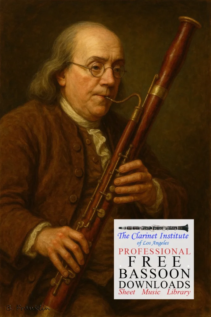 Bassoon - Franklin playing Bassoon Cover for Free Bassoon Sheet Music Downloads showing a painting of Ben Franklin playing the bassoon