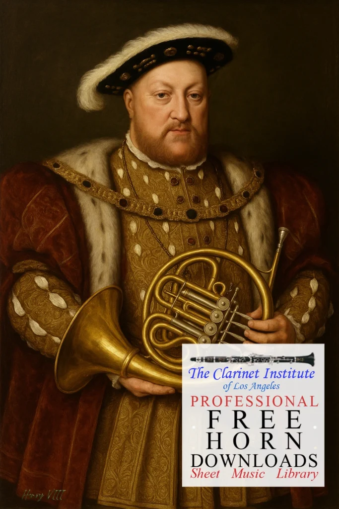Henry VIII Portrait Cover for Free Horn Sheet Music Downloads showing a portrait of Henry VIII holding a french horn