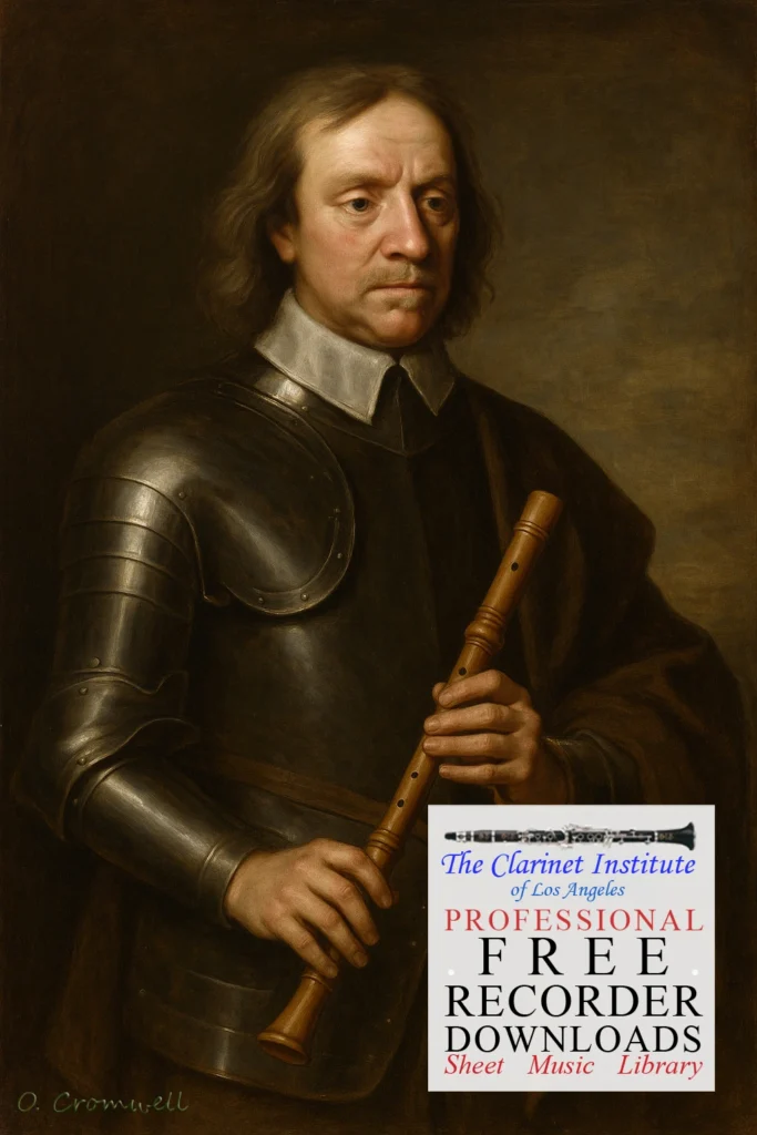 Recorder - Oliver Cromwell Cover for Free Recorder Sheet Music showing a painting of Oliver Cromwell holding a recorder