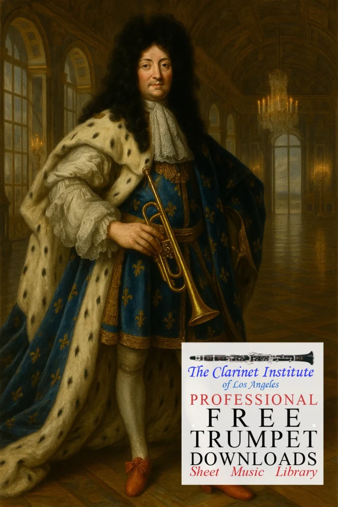 Trumpet - Louis XIV holding a trumpet Cover for Free Trumpet Sheet Music Downloads showing a portrait of Louis XIV holding a trumpet