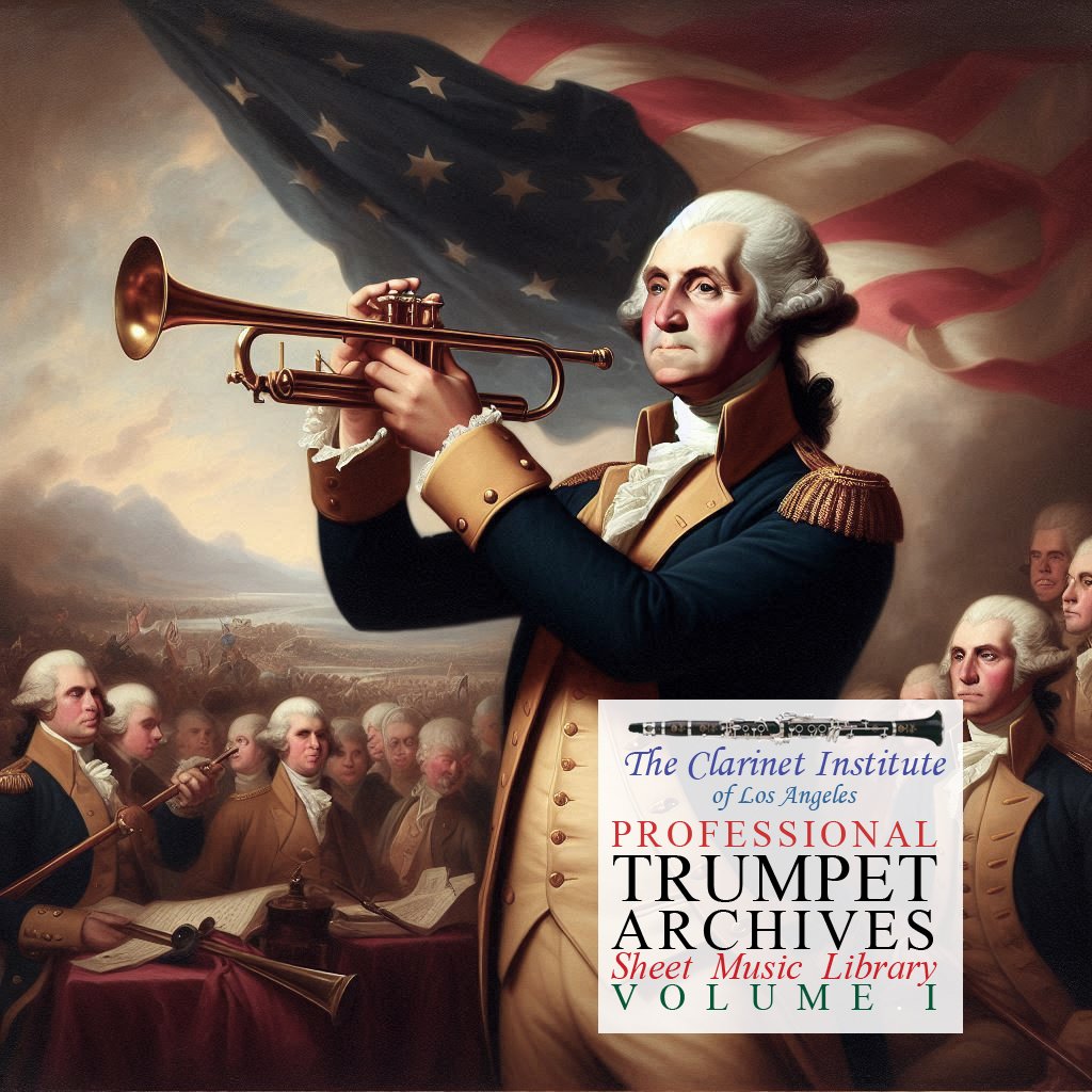 Humorous painting of George Washington holding a trumpet. Cover for Trumpet Sheet Music, Vol. 1