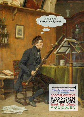 Cover for Bassoon Sound Files—image of a man playing bassoon, thinking, 'If only I had someone to play with,' reflecting a longing for ensemble music.