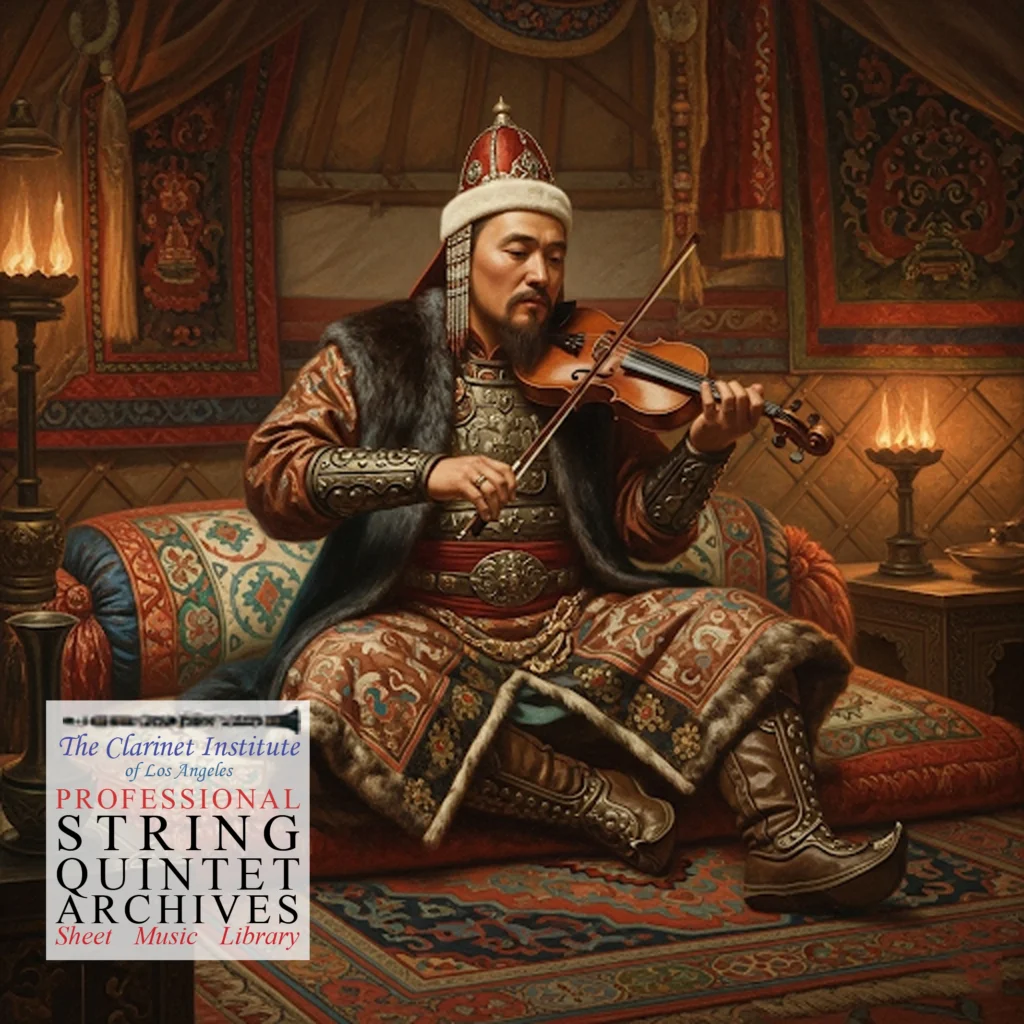 Cover for String Quintet sheet music archive depicting Genghis Khan playing the violin