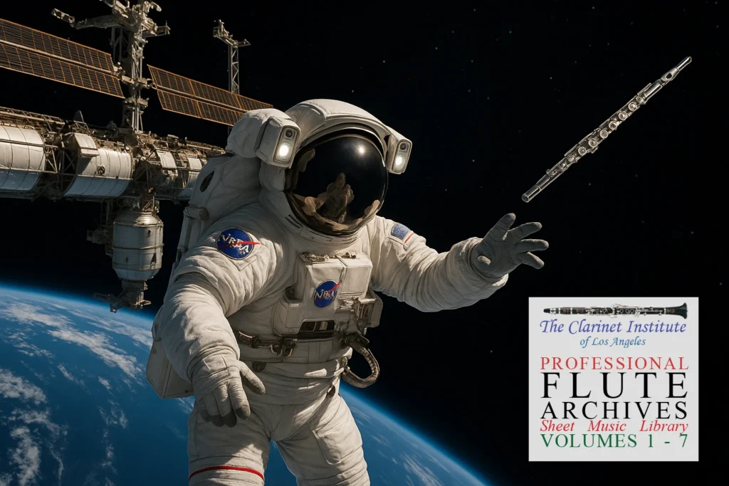 Cover for Flute Sheet Music, Vols. 1 - 7 showing an astronaut reaching for a flute in space