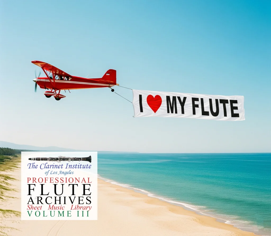 Cover photo for Flute Sheet Music, Vol. 3 showing an airplane pulling a banner that says "I love my flute"
