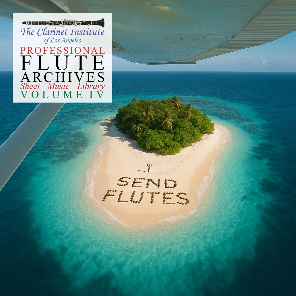 Cover for Flute Sheet Music, Vol. 4 showing an island with "Send Flutes" spelled out on the beach