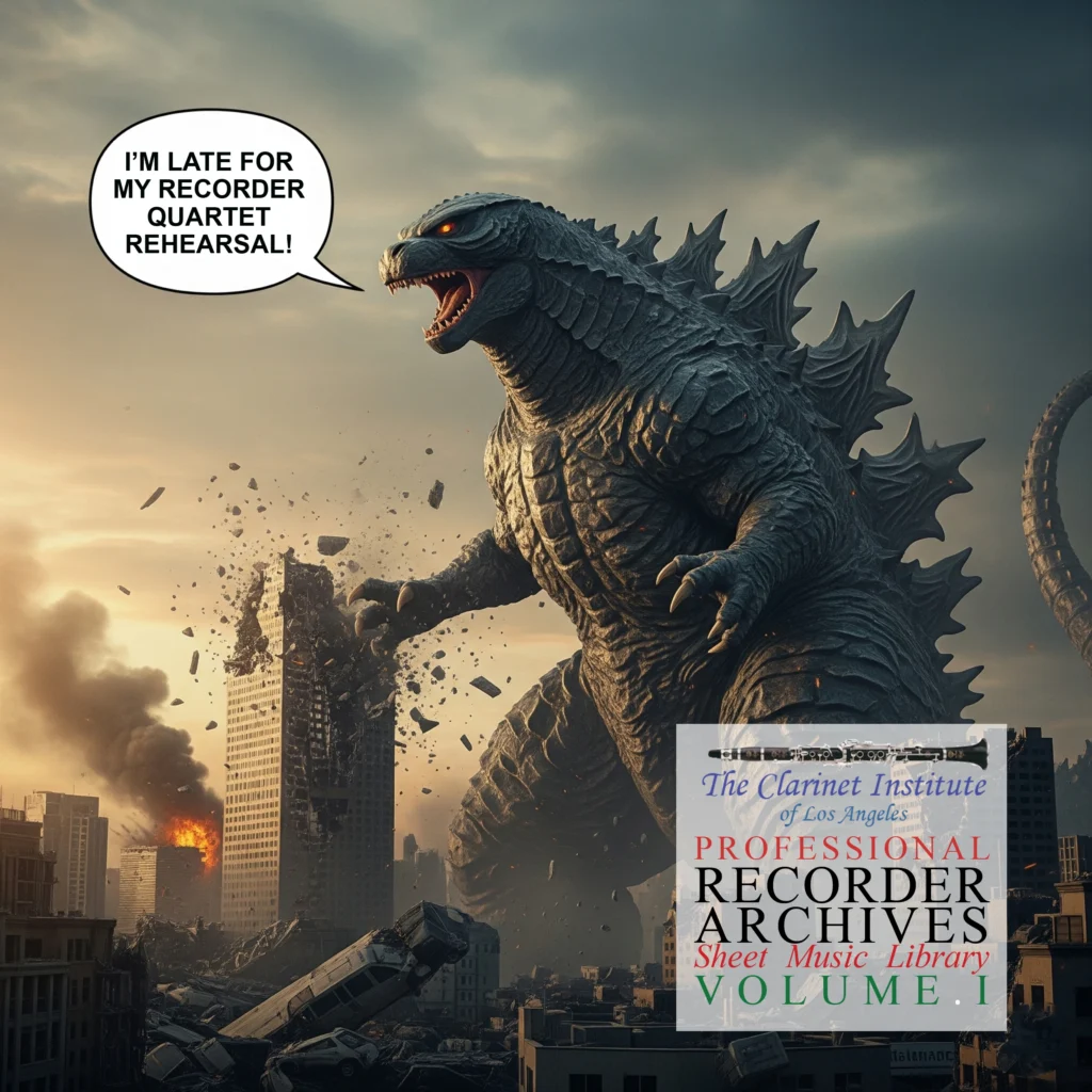 Cover for Recorder Sheet Music, Vol. 1 showing Godzilla late for his rehearsal