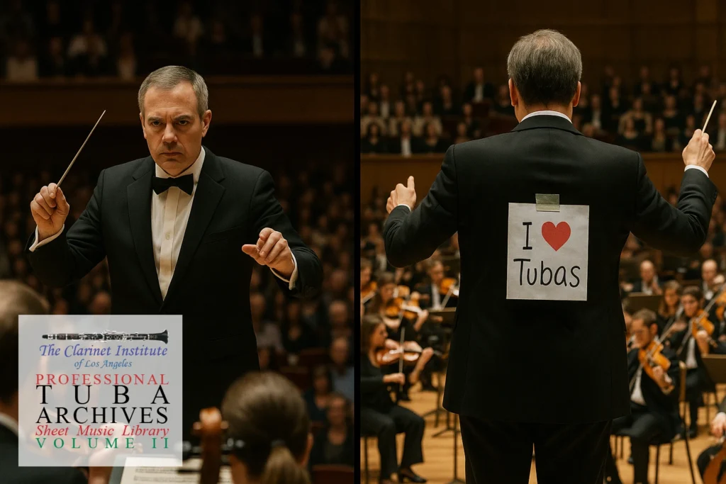 Cover for Tuba Sheet Music Vol. 2 showing a conductor with a note on his back